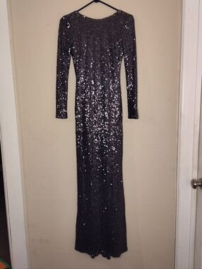 Badgley Mischka Elegant Charcoal Gray Sequins Cocktail Black Tie Maxi Dress